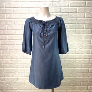 Bebe On Off Shoulder Dress Womens Small Blue Chambray ¾ Sleeve